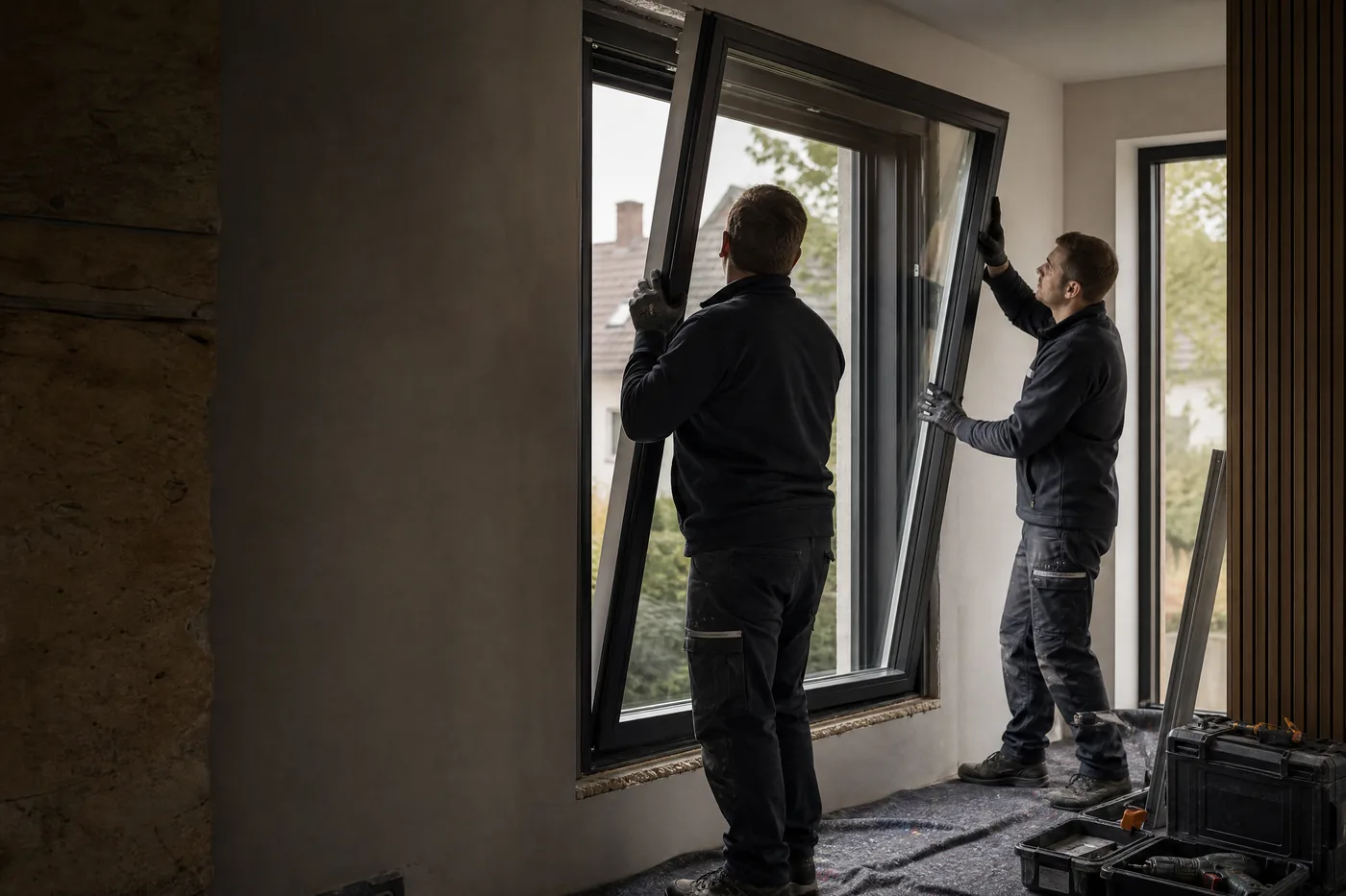 Präzise Montage eines dunklen Fensterrahmens
